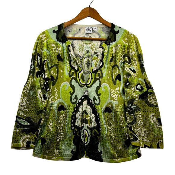 Monique Button Boho Glam Dopamine Dressing Cardigan Green Psychedelic Print Sz L - Picture 2 of 7